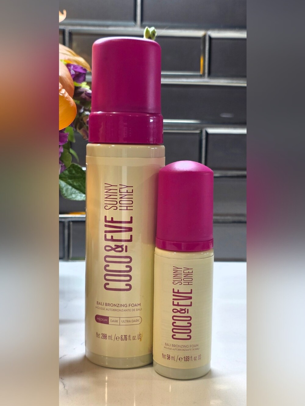 Coco & Eve Duo: Full Size 6.76 oz & Travel Size 1.69oz BronzingFoam-Tint Medium